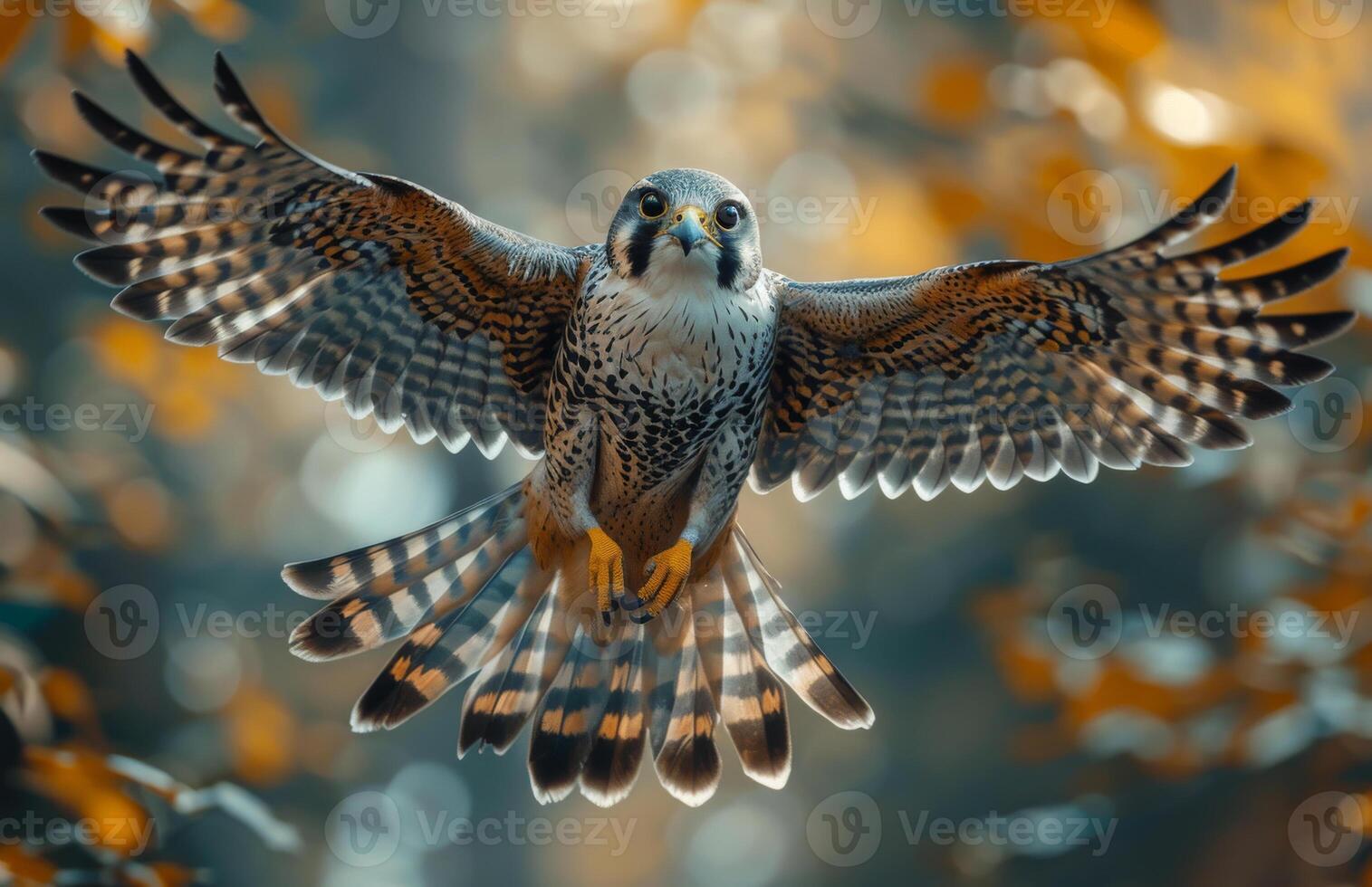 Bird of prey soaring in autumn forest. A majestic hawk glides through a vibrant autumn forest, its wings spread wide against a background of golden leaves. photo