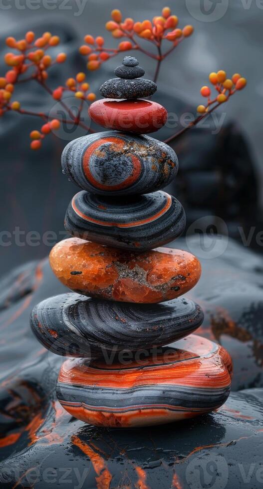 Colorful stone tower with red accents. Natural stones are stacked artistically with branches and bright red berries, creating a striking visual balance. photo