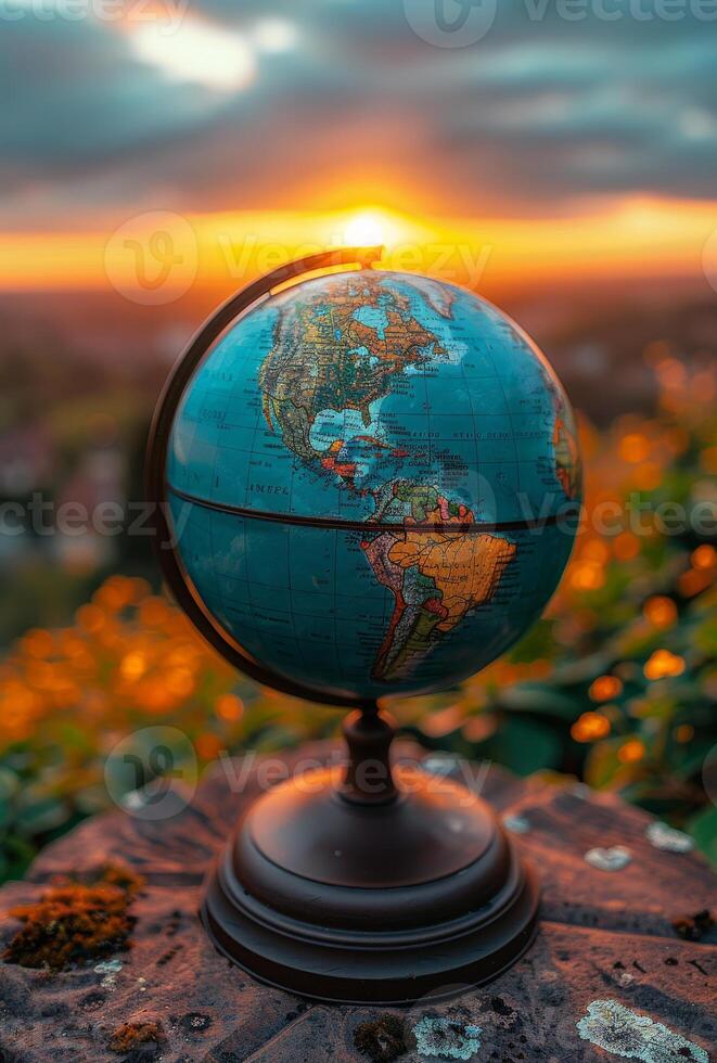 Sunset globe in nature. A vibrant globe is positioned outdoors with a stunning sunset casting warm light in the background over greenery. photo