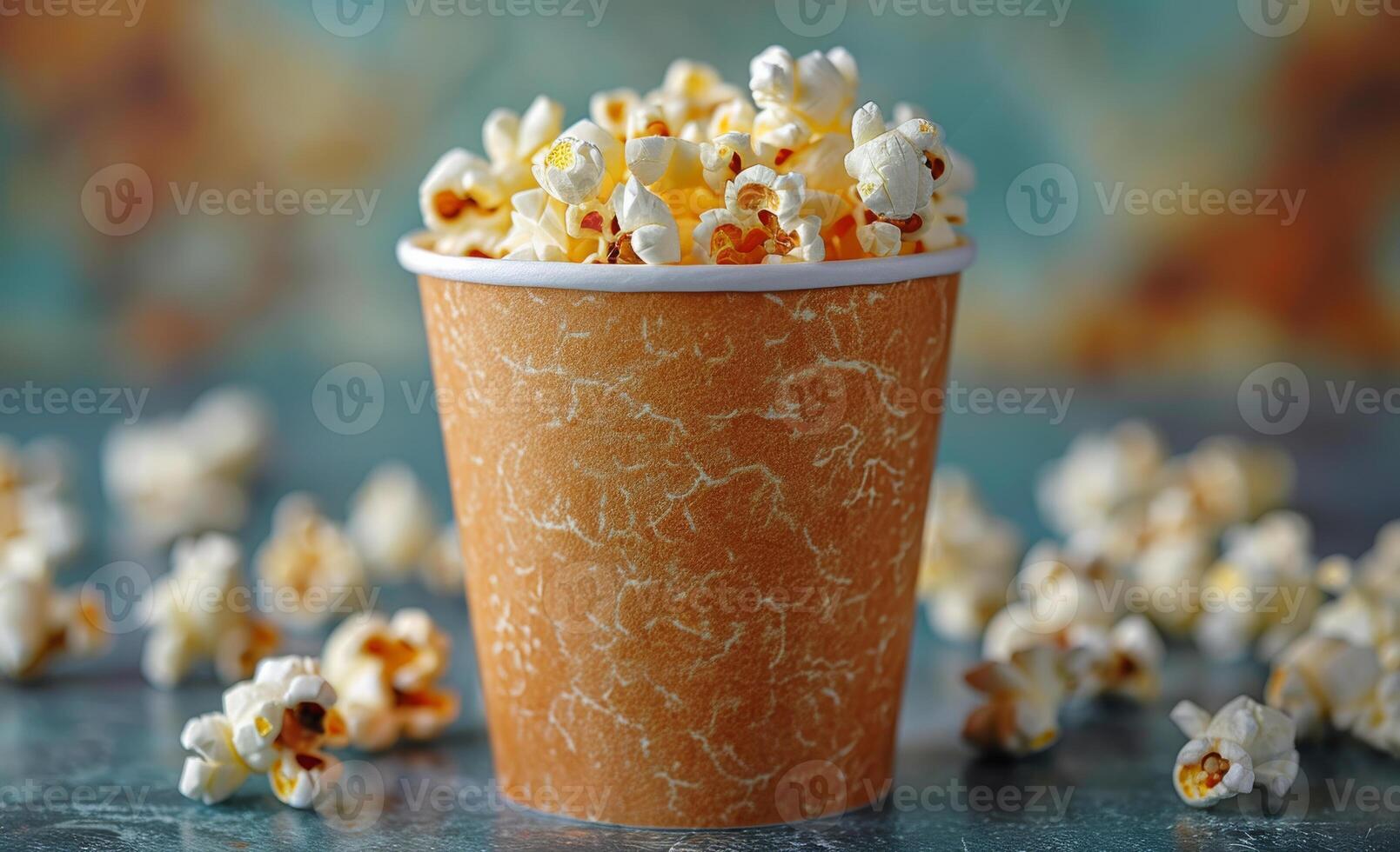 Fresh popcorn served in a paper cup. A paper cup filled with freshly popped popcorn sits on a surface, surrounded by scattered popcorn. photo