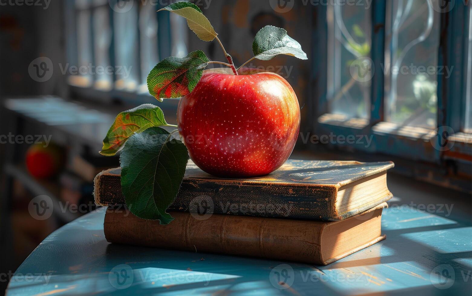 Bright red apple placed on old books. In a sunlit room, a shiny red apple rests on top of stacked antique books amidst soft shadows and bright light. photo