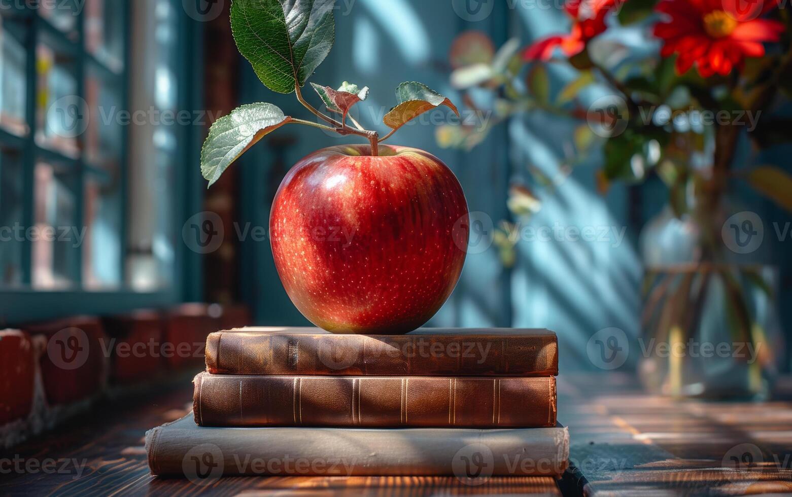 Apple on books in a cozy setting. A shiny red apple sits atop a stack of vintage books in a sunlit room with floral decor. photo