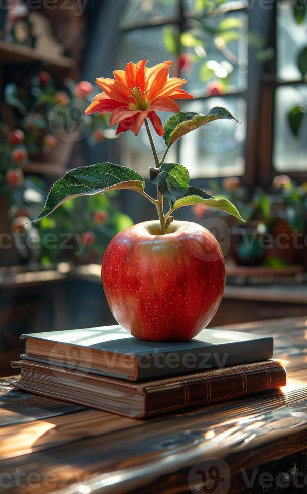 Apple and flower combo. A bright red apple with a flower sits atop stacked books in a sunlit room filled with greenery. photo