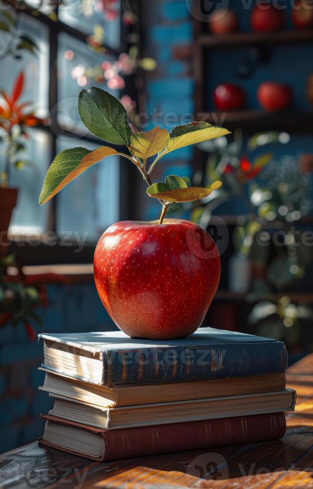 Apple on books in a cozy indoor space. A bright red apple sits atop a stack of vintage books in a warm and inviting indoor setting. photo