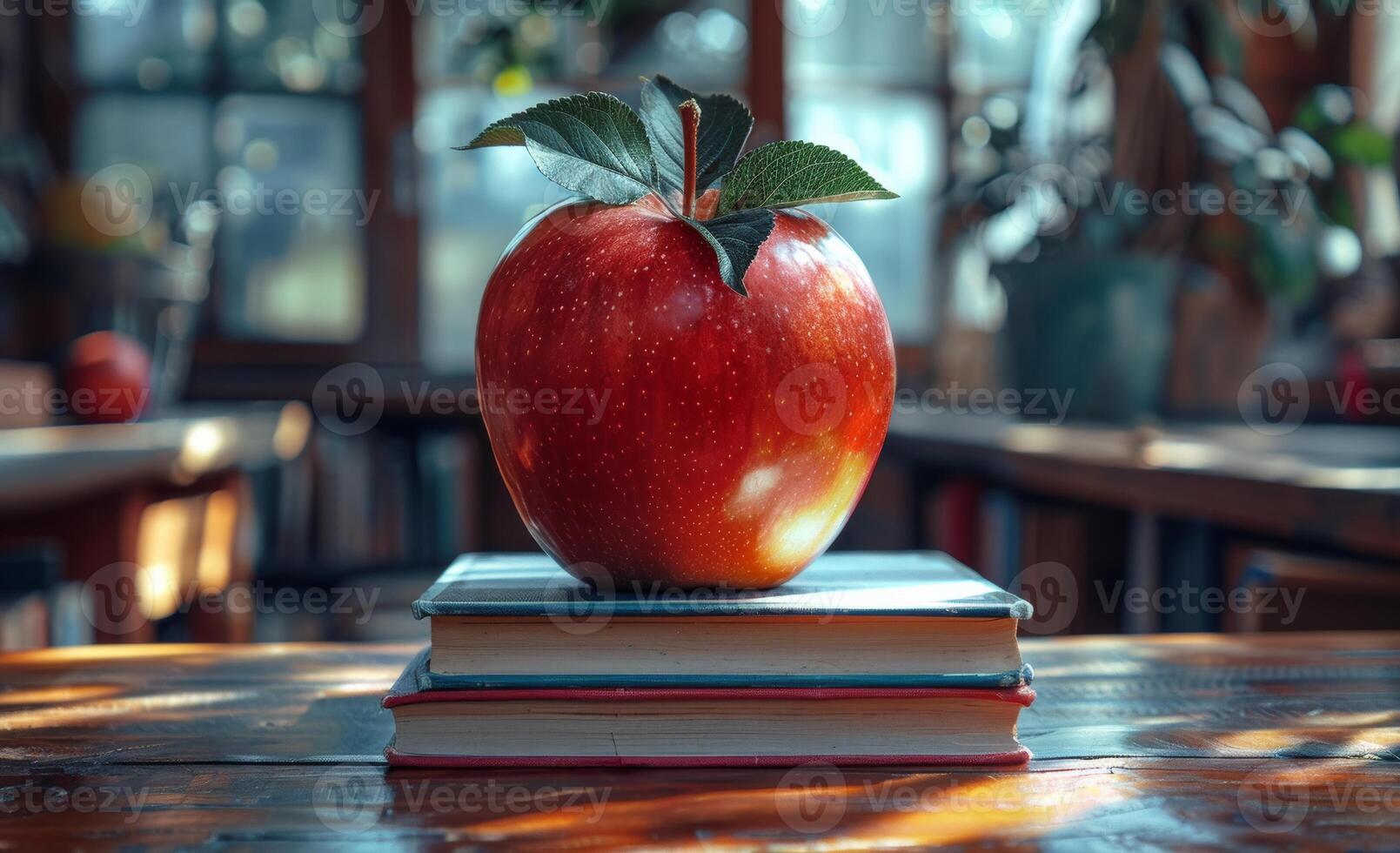 Apple on books in sunlight. A bright red apple sits atop a stack of colorful books, illuminated by warm sunlight in a cozy indoor setting. photo