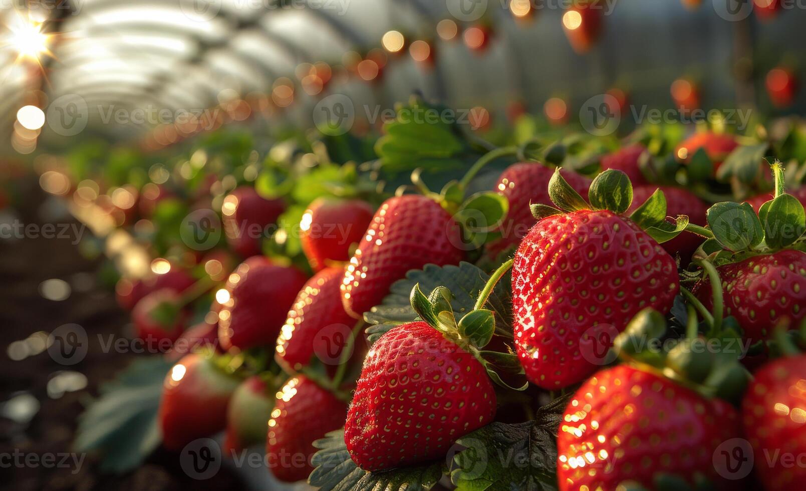 Greenhouse strawberries growing. Bright, ripe strawberries are clustered in a greenhouse with sunlight filtering through the transparent roof. photo