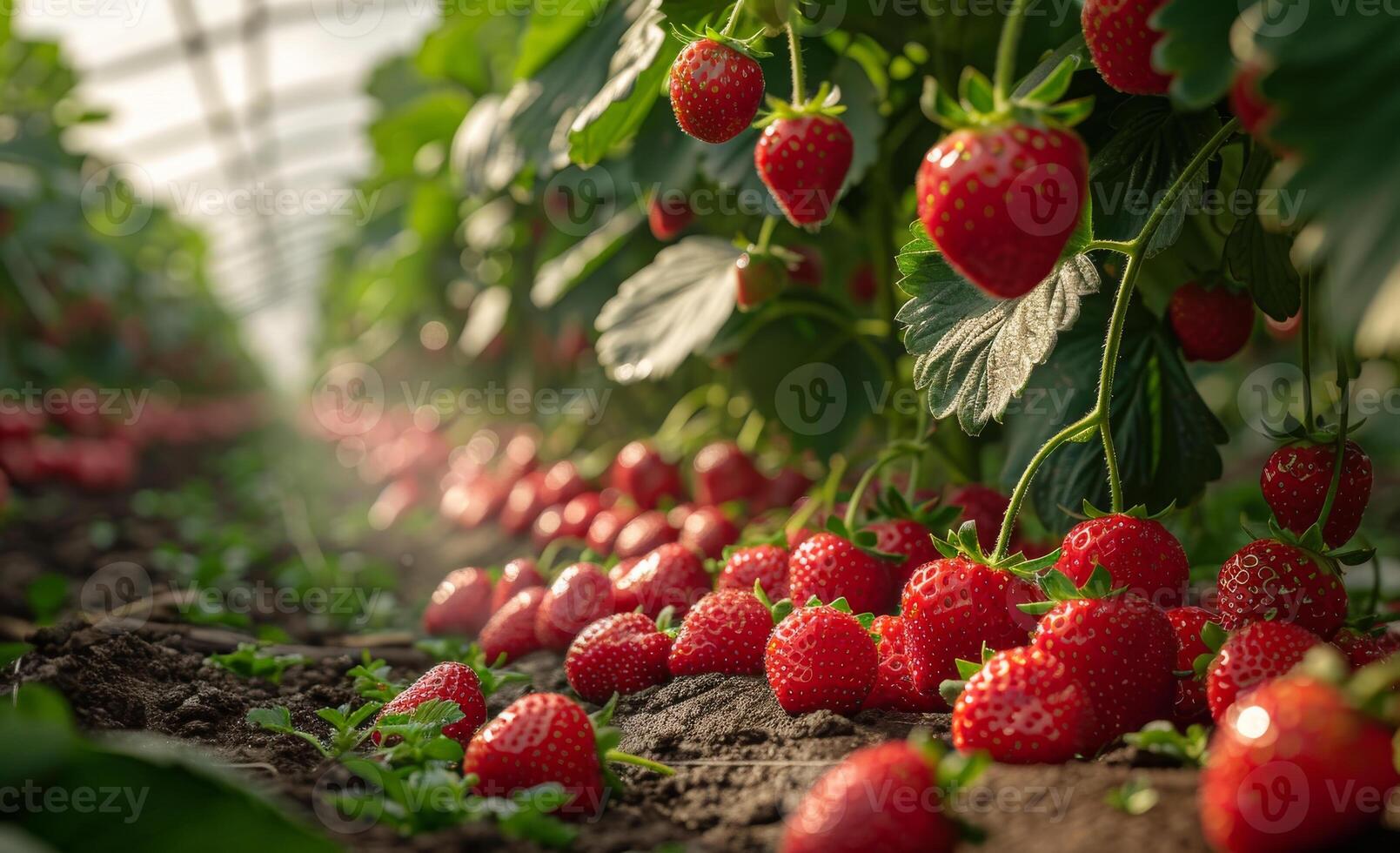 Sunny strawberry harvest. Ripe strawberries scatter on the greenhouse floor, lit by soft sunlight filtering through. photo