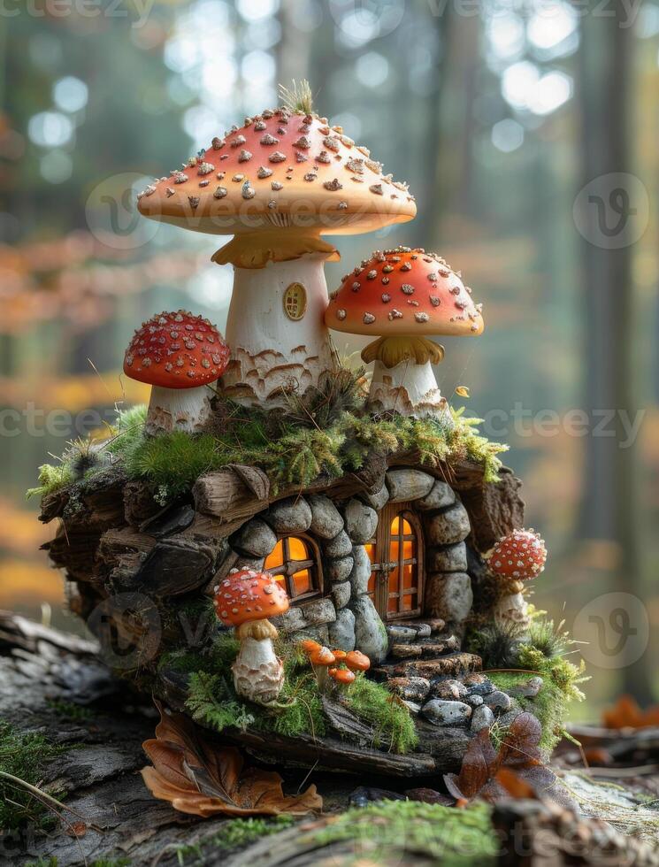 Tranquil forest mushroom house. Colorful mushroom house made of stones and moss nestled in a serene forest, surrounded by autumn foliage. photo