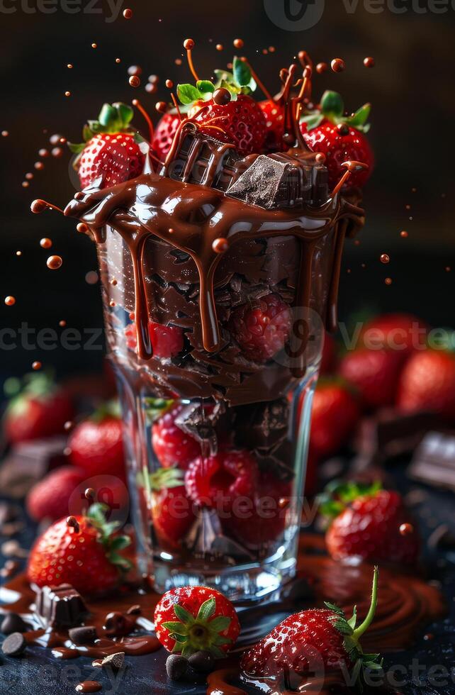 Strawberry chocolate dessert. Rich chocolate dessert layered with fresh strawberries and chocolate pieces, highlighted by a fun splash effect. photo