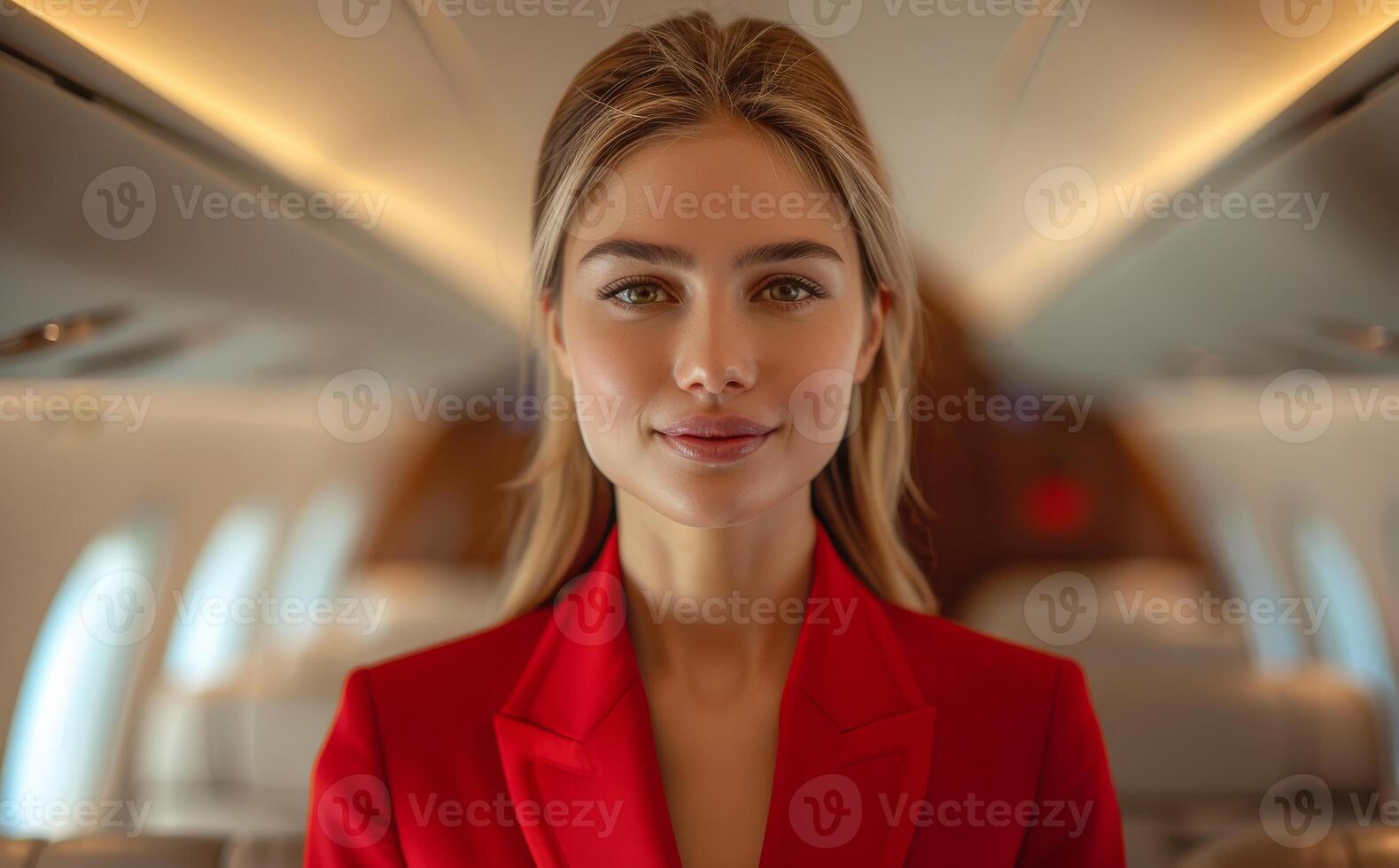 Smiling attendant on private jet. Flight attendant stands confidently in a private jet cabin, wearing a red uniform, ready to serve passengers. photo