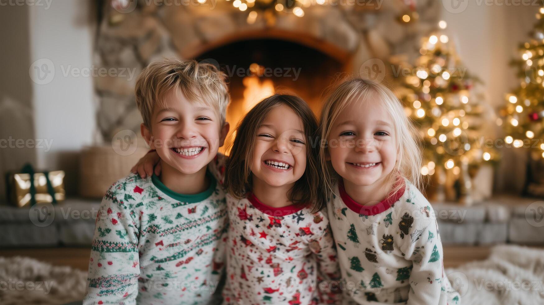 Happy children wearing festive holiday sweaters by Christmas fireplace photo