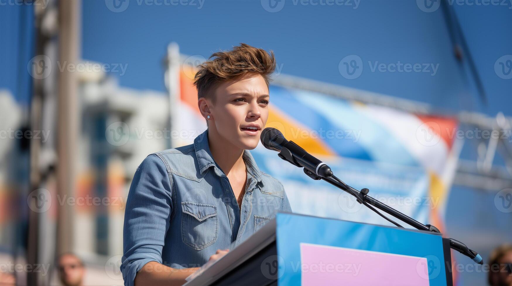 Young public speaker with rainbow flag in background photo