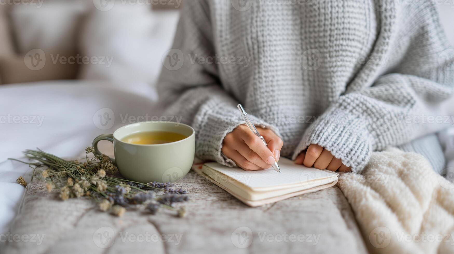 Wellness routine featuring journaling and herbal infusion photo