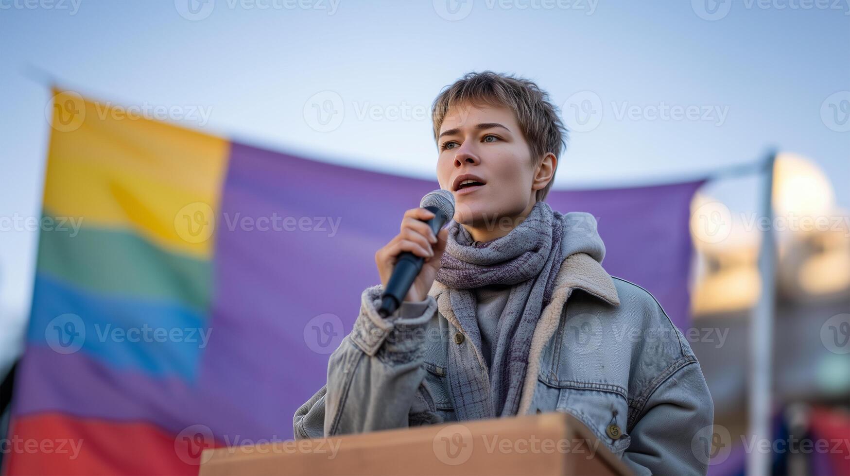 Student activist speaking at pride celebration photo