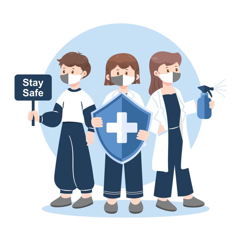 Cartoon characters with covid protection items including mask, spray, shield, and sign. Flat illustration. vector