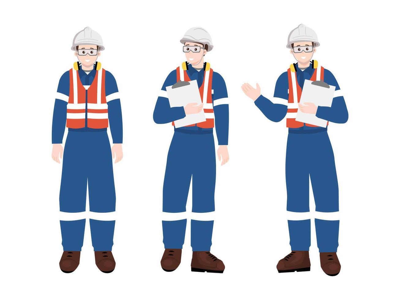 Set of industrial engineers in safety suits holding clipboard, working in factory inspection, supervision and occupational safety concept. vector