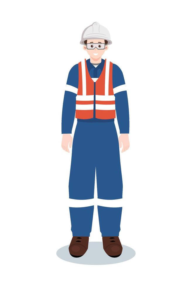 Standing industrial worker or engineer in safety vest and hard hat. Full body portrait. vector