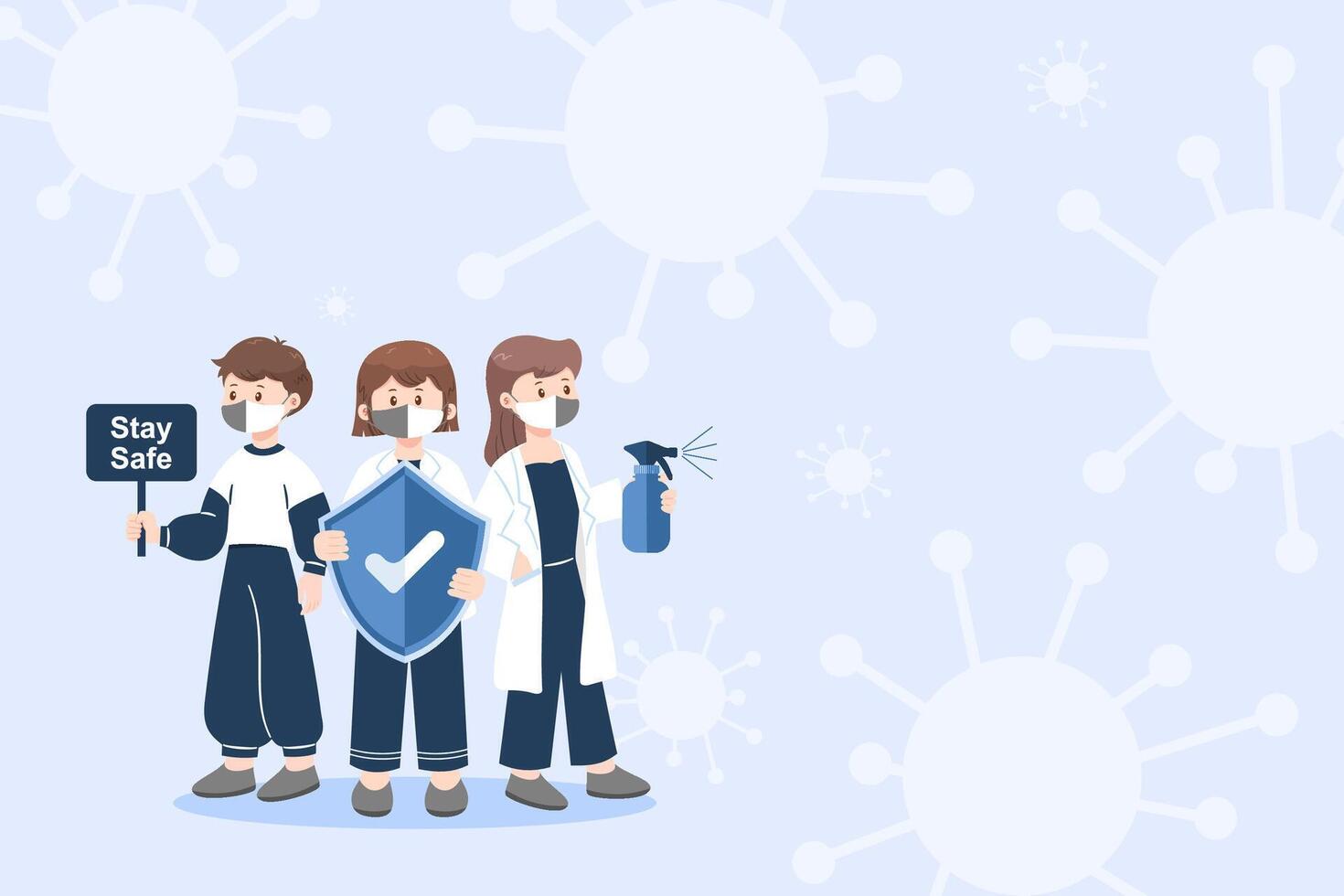 Three people in masks holding safety tools against covid 19. Flat health and virus prevention concept. Perfect for background and poster. vector