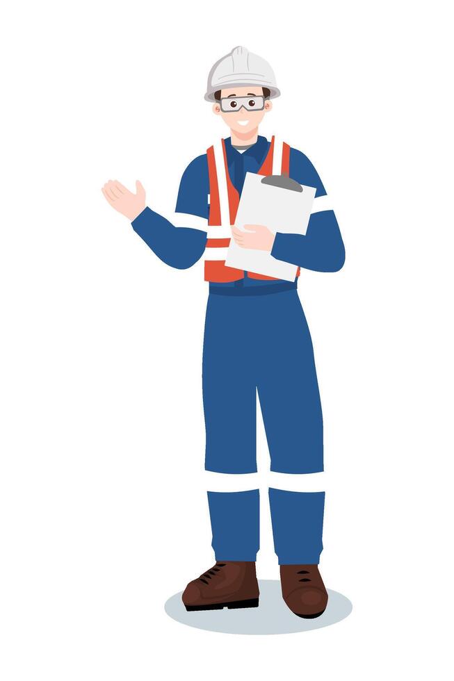 Industrial worker or engineer in safety vest and hard hat holding clipboard, gesturing to the side. vector