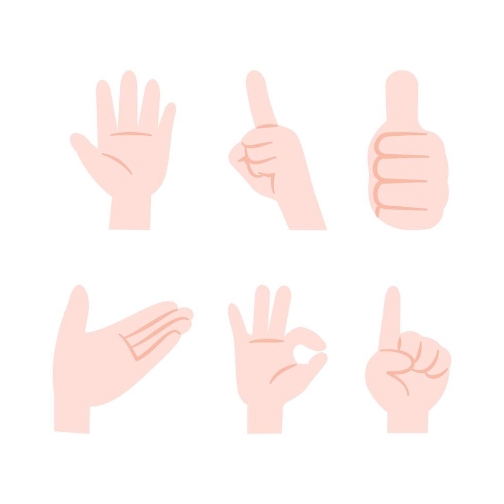 Set of cartoon hand gestures including open palm, pointing up, thumbs up, offering, okay and index finger. vector
