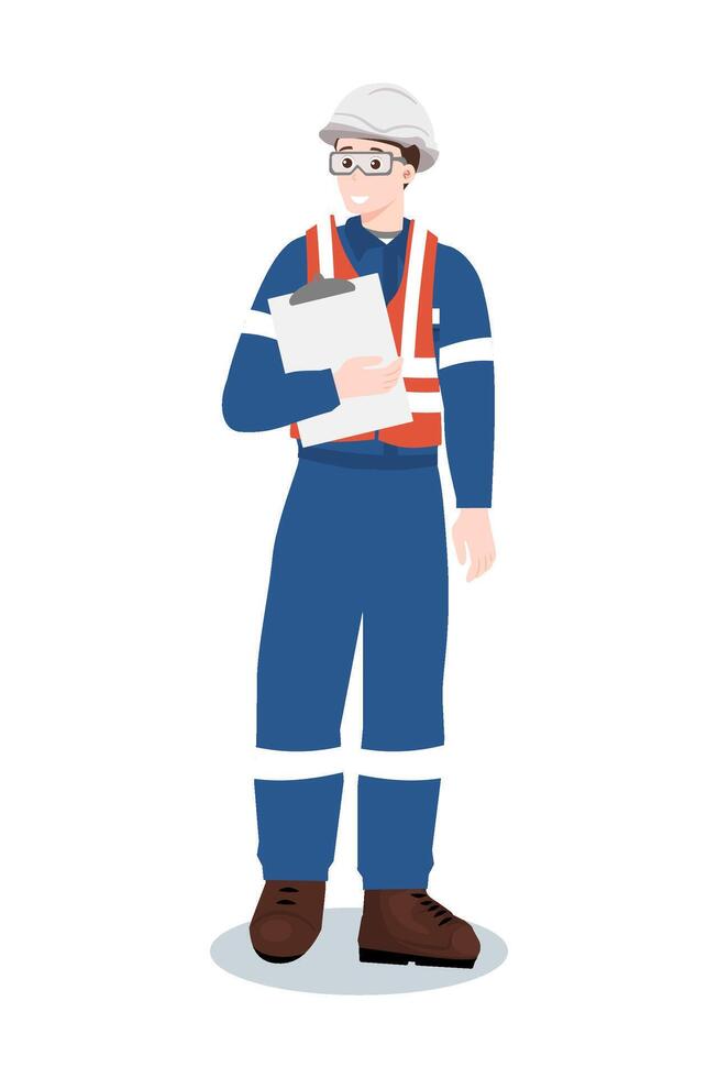Industrial worker or engineer in safety vest and hard hat holding a clipboard. Inspection or report concept. vector