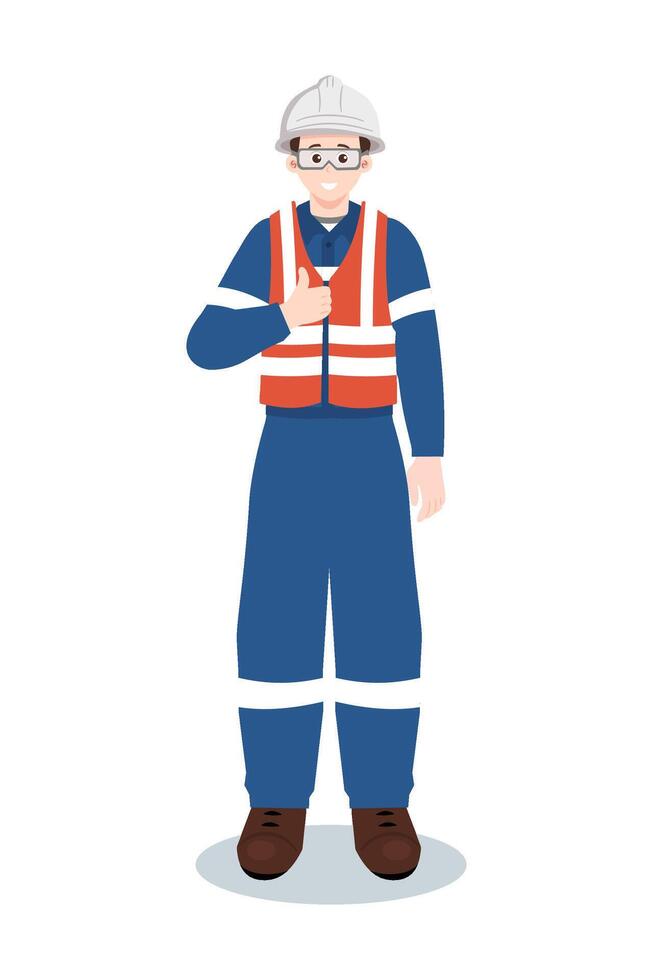 Industrial worker or engineer in safety vest and hard hat giving thumbs up. Approval and positive feedback. vector