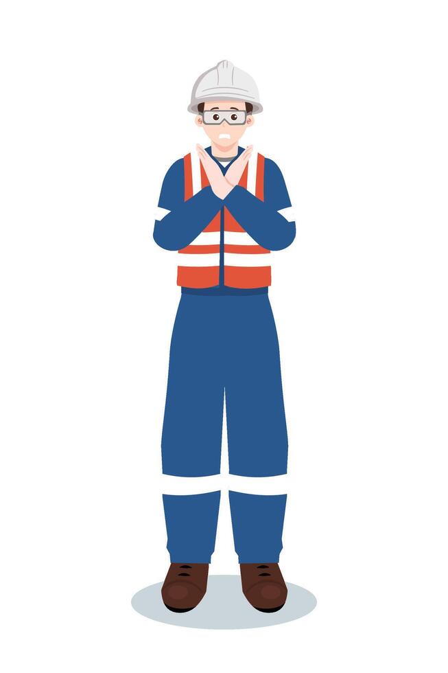 Industrial worker or engineer in safety vest and hard hat making stop or no gesture with crossed arms. vector