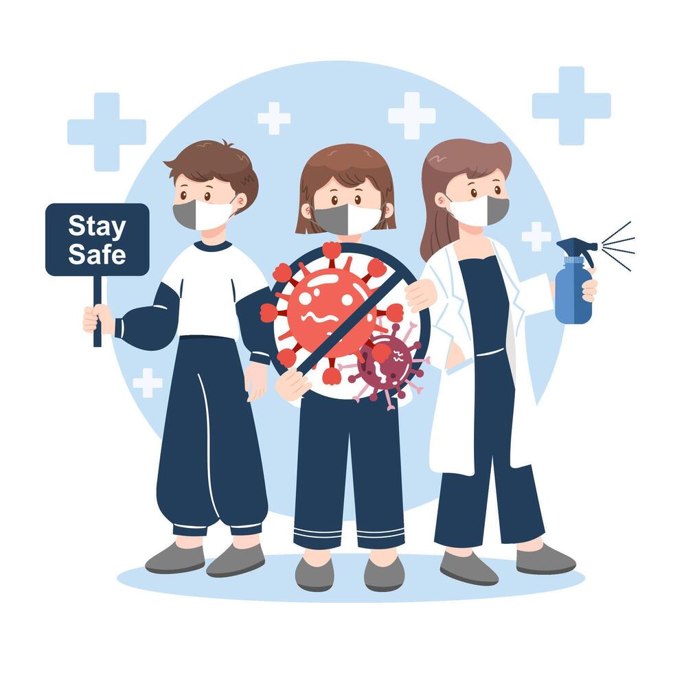 Cartoon characters with covid protection items including mask, spray and sign vector