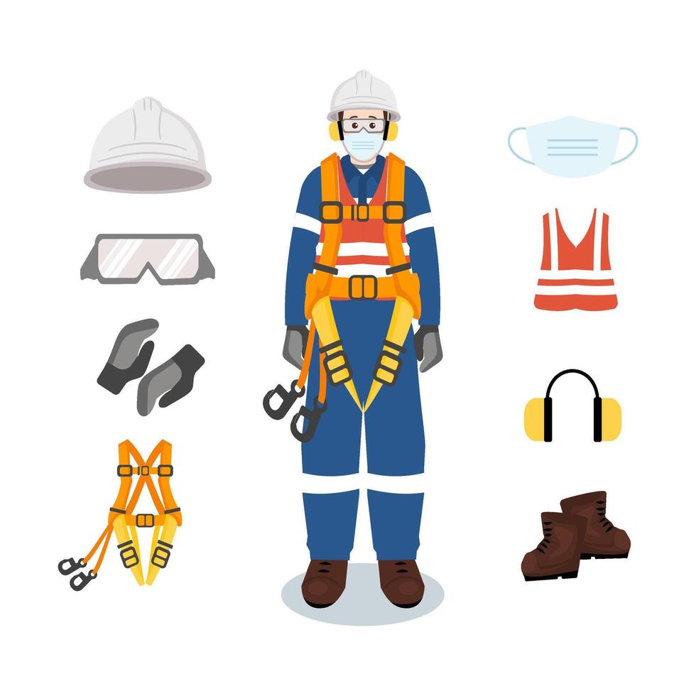 Industrial safety engineer in full PPE with protective equipment icons, workplace safety and personal protection concept. vector
