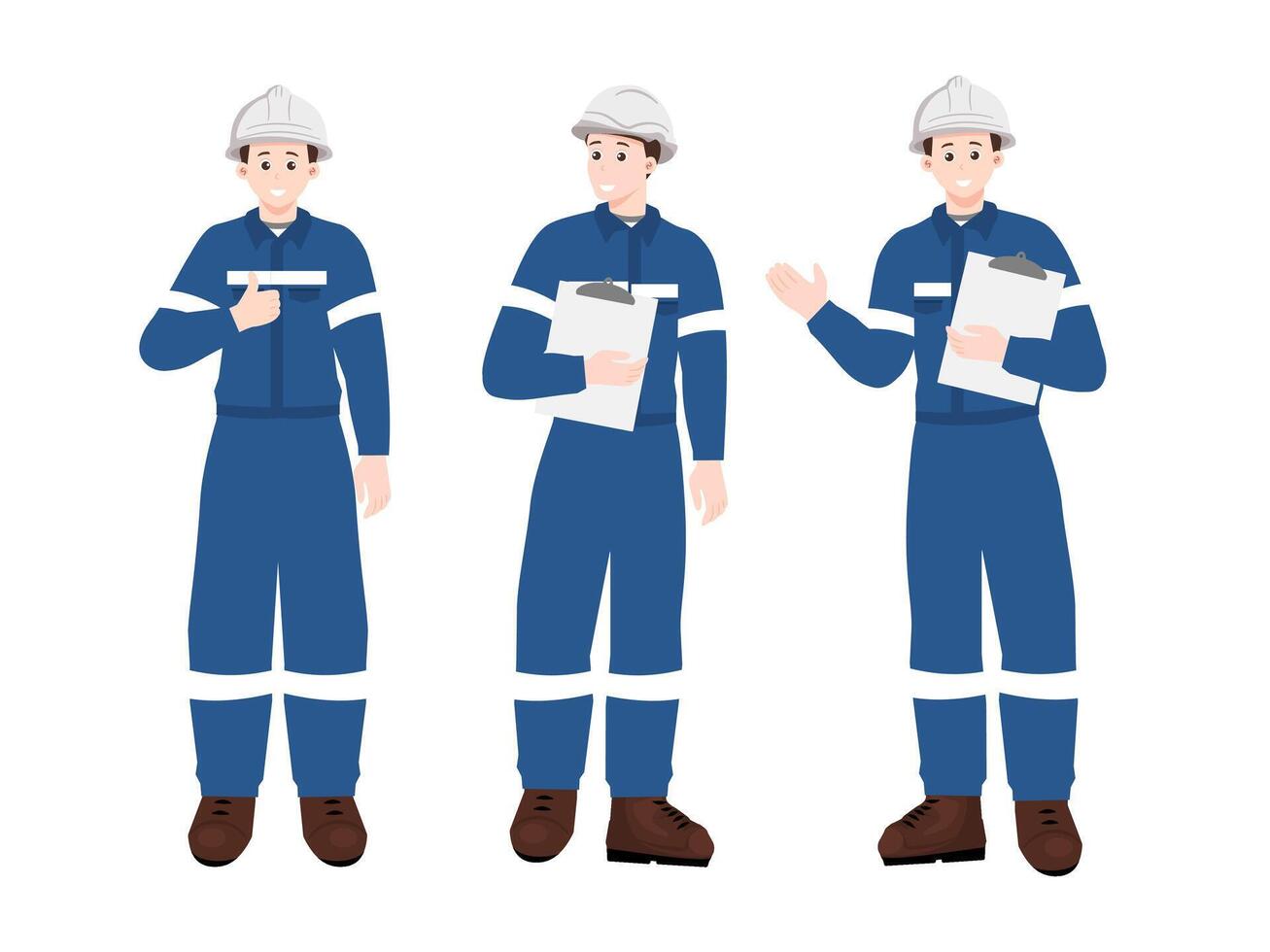 Set of industrial workers or engineers in blue safety uniform and hard hats. Different poses with clipboard. vector