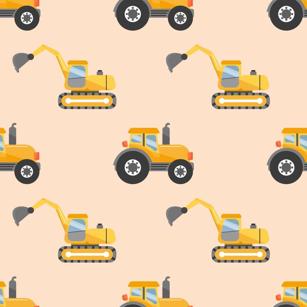 Seamless pattern of yellow cartoon construction vehicles including tractors and excavators on a light background. vector