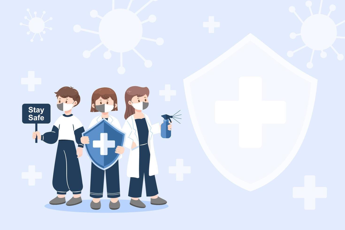 Flat of masked characters holding Stay Safe sign, shield, and sanitizer spray. Covid-19 health protection concept. Perfect for background and poster. vector