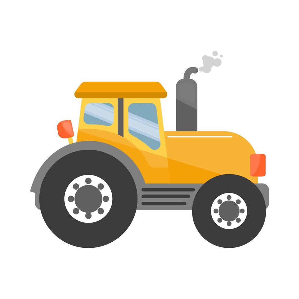 Yellow cartoon tractor with smoke from exhaust. Farm vehicle illustration. vector