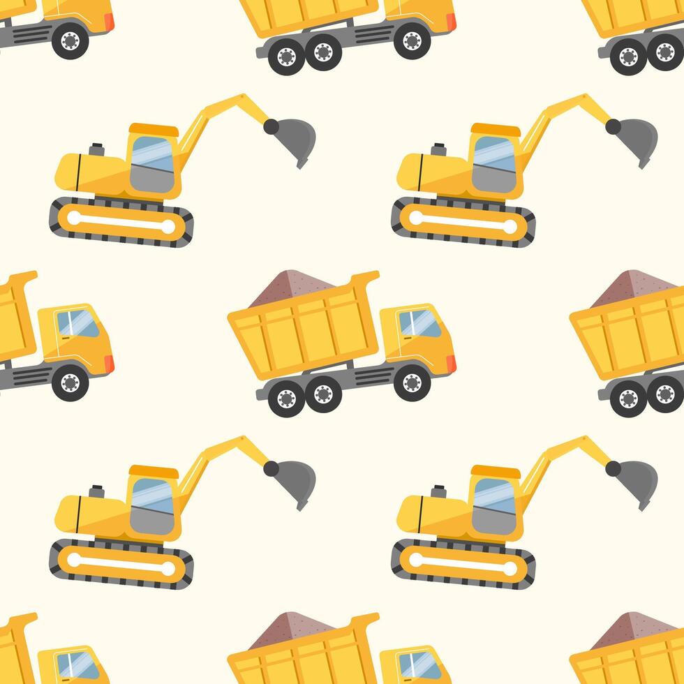 Seamless pattern of yellow cartoon excavators and loaded dump trucks on a light background. vector