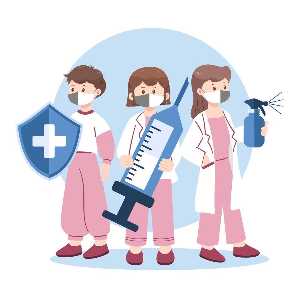 illustration of masked characters holding shield, syringe, and sanitizer. Covid-19 vaccine protection concept. vector