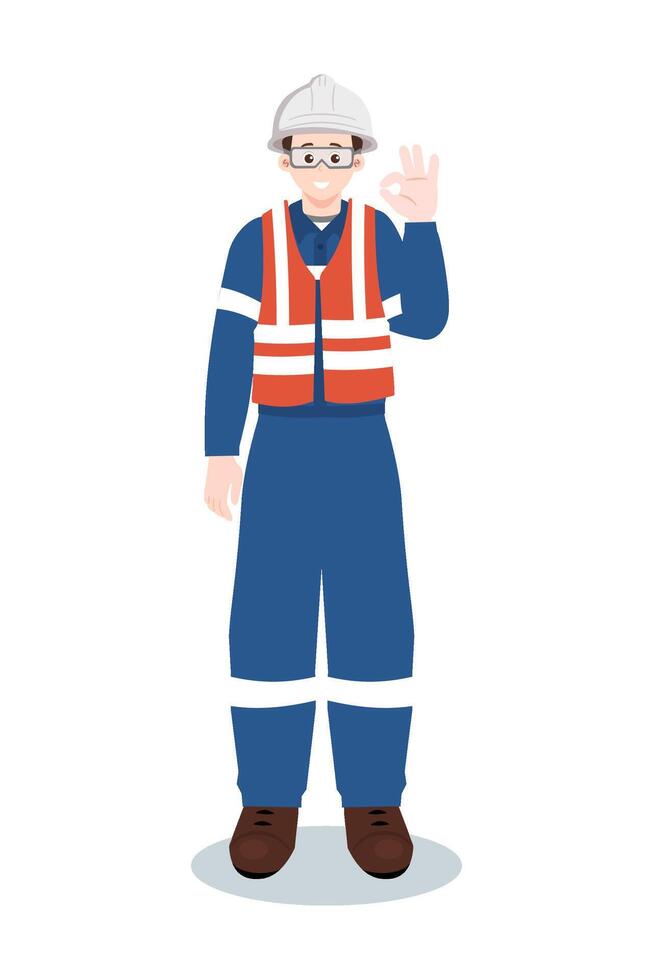 Industrial worker or engineer in safety vest and hard hat making okay gesture. Safety and approval concept. vector