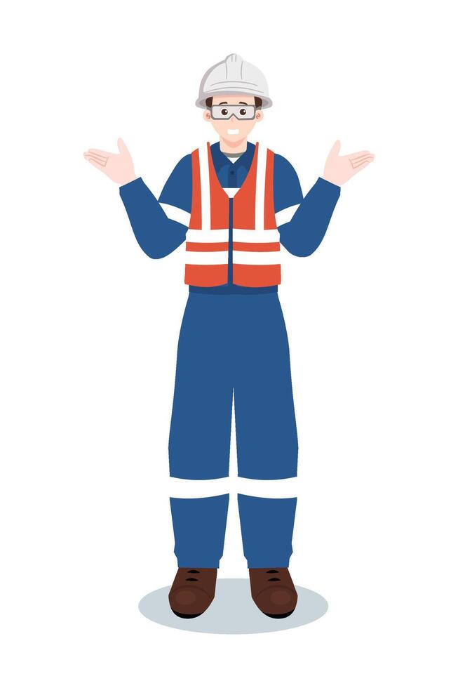 Industrial worker or engineer in safety vest and hard hat with open hands and shrugging. vector