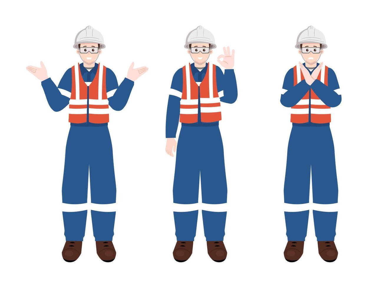Set of industrial worker or engineer in safety vest and hard hat. Different hand gesture poses. vector