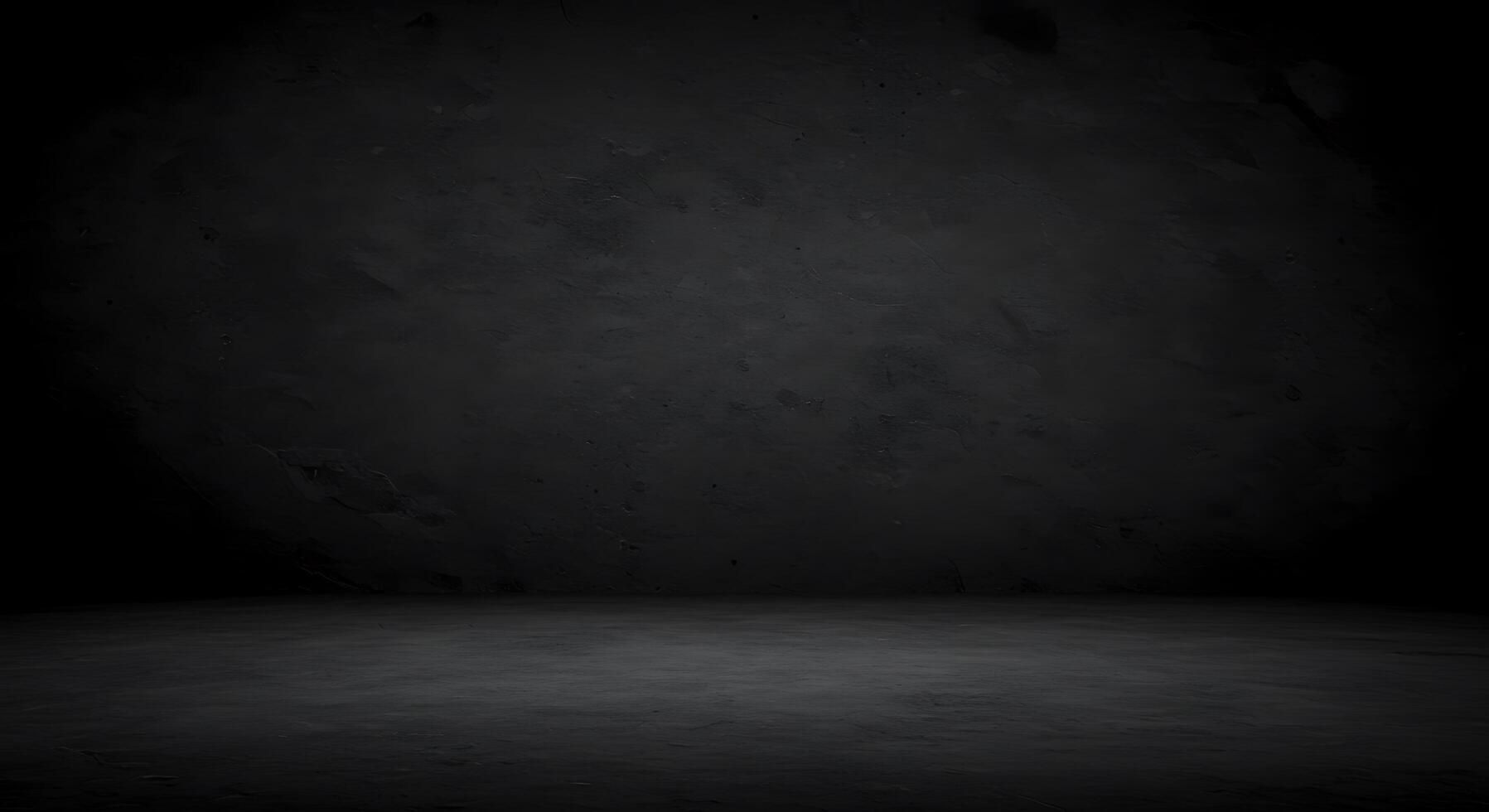 An empty room with a dark floor and a large light photo