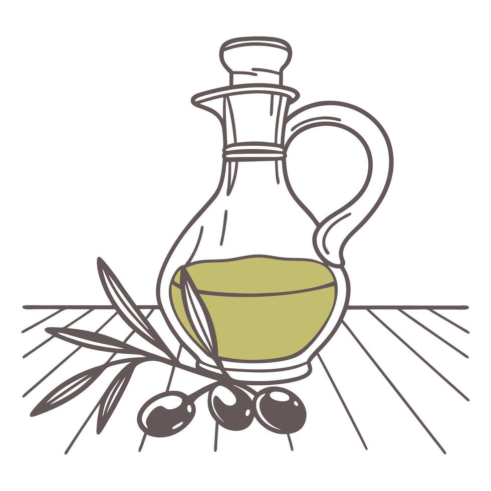 Glass jug of olive oil and olive branch. Natural products. Hand drawn sketch illustration. vector
