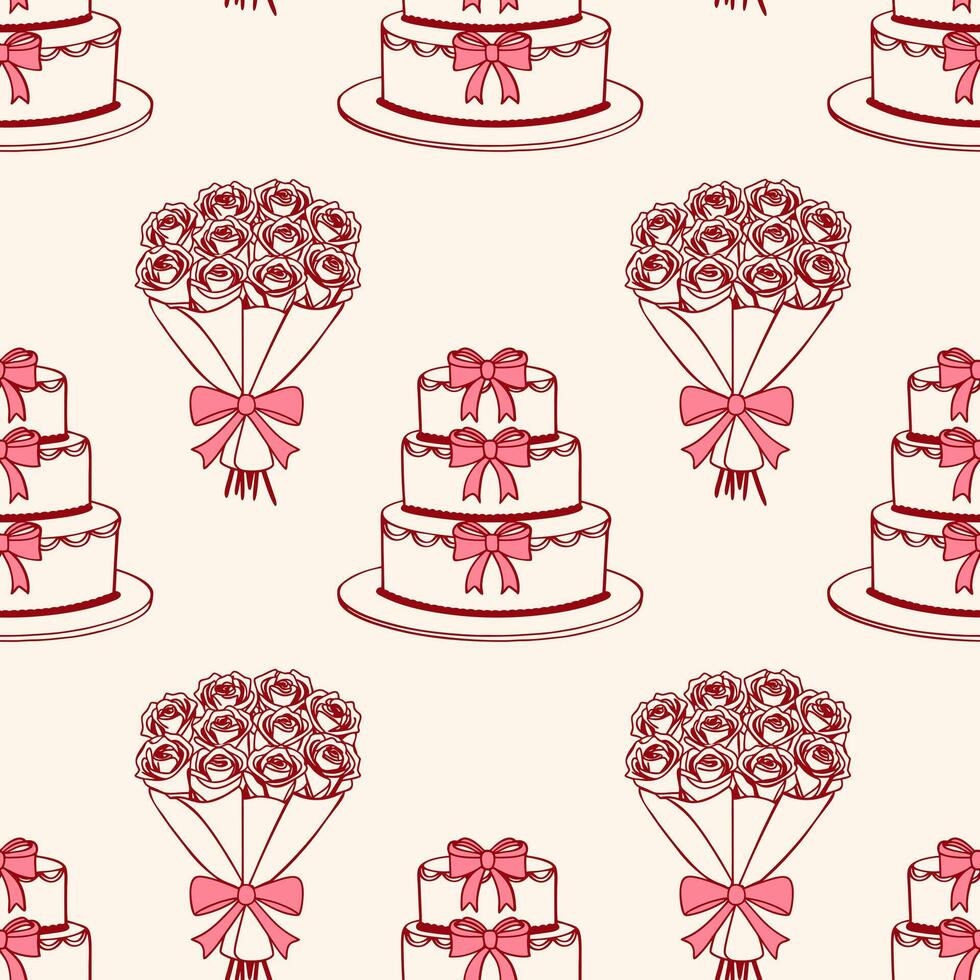 Seamless pattern with elegant wedding cakes and bouquets of roses with bows. Festive background. vector