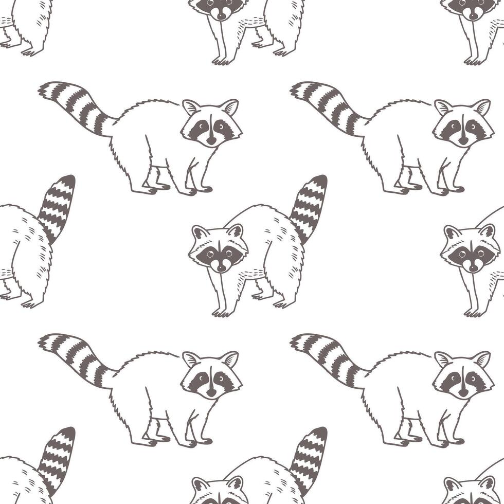 Seamless pattern with cute hand drawn raccoons. Raccoons on a white surface. Sketch illustration, background. vector