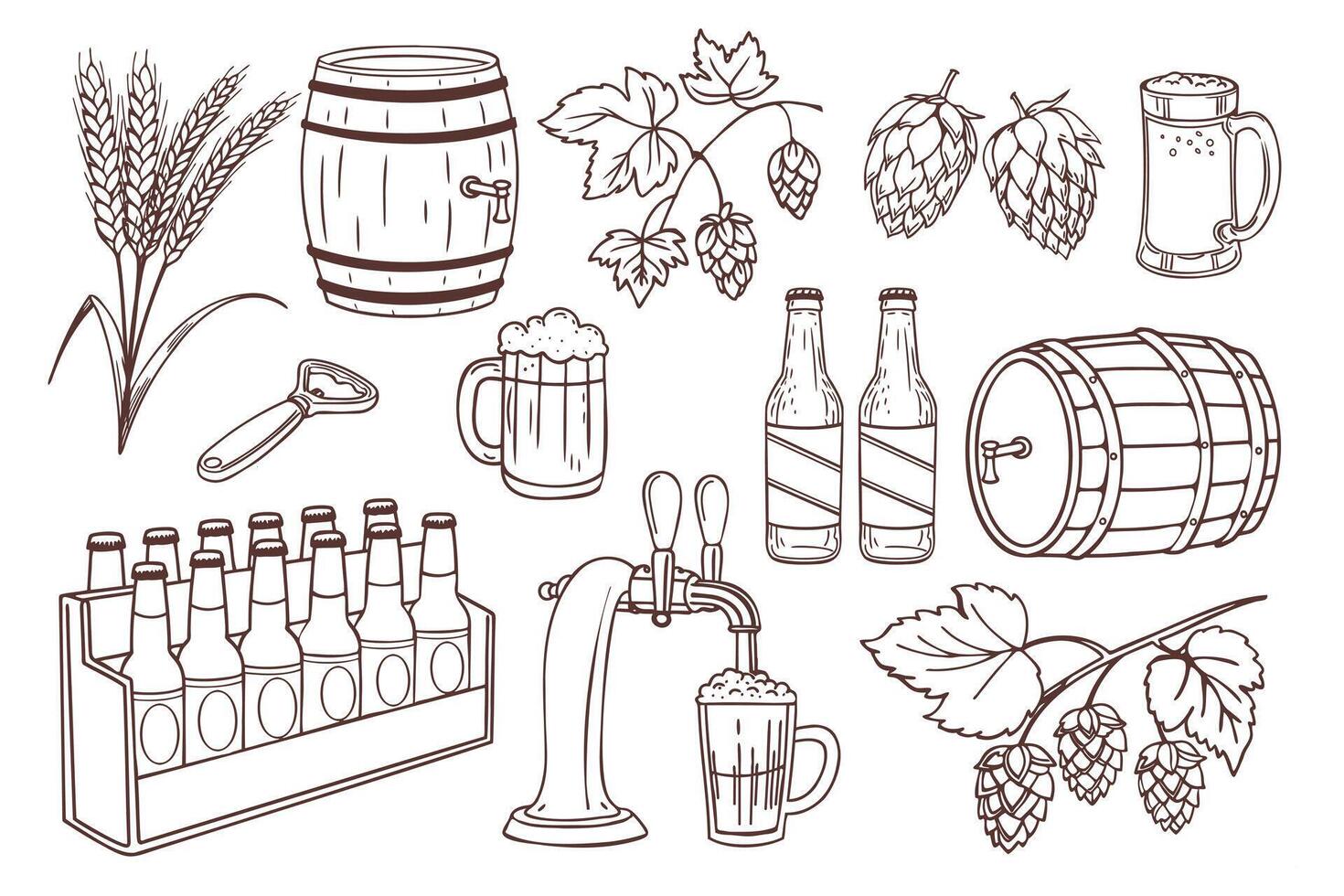Set of beer elements for Oktoberfest festival. Beer barrels, beer mugs and bottles, hops and wheat plants. Sketch illustration. vector