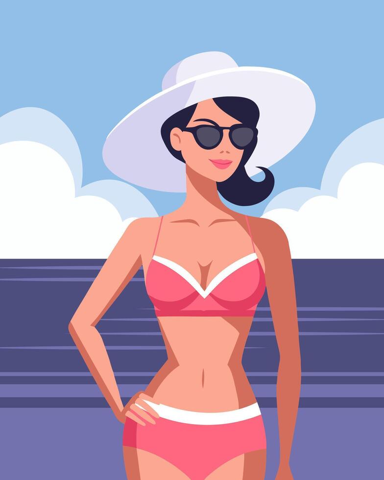 Beautiful woman in swimsuit and hat on the beach. Summer time, travel concept. Illustration. vector