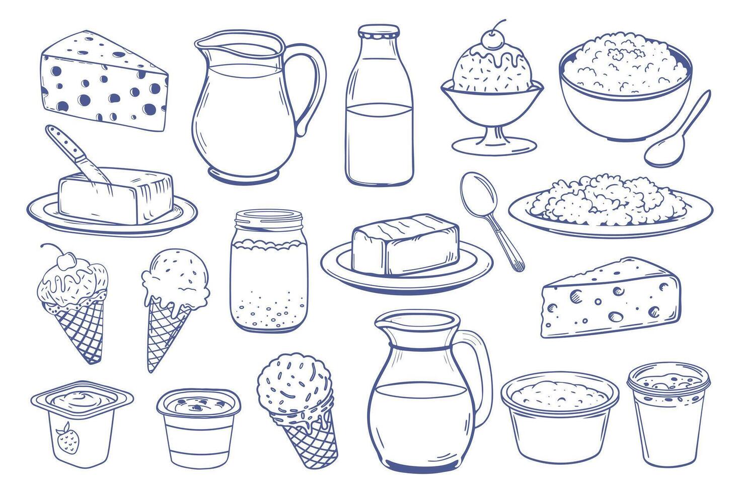 Milk products set. Collection of hand drawn dairy products, including cheese, milk, butter, yogurt, sour cream and ice cream. Doodle sketch icons. vector