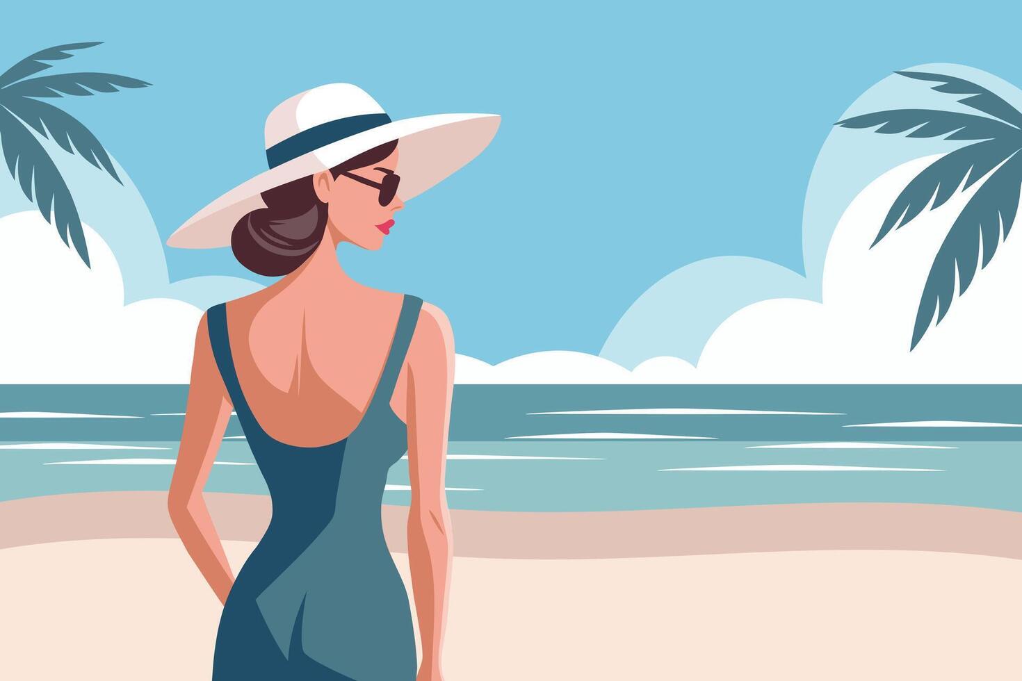 Elegant woman in dress and hat on the beach. Summer time, vacation concept. Travel illustration. vector