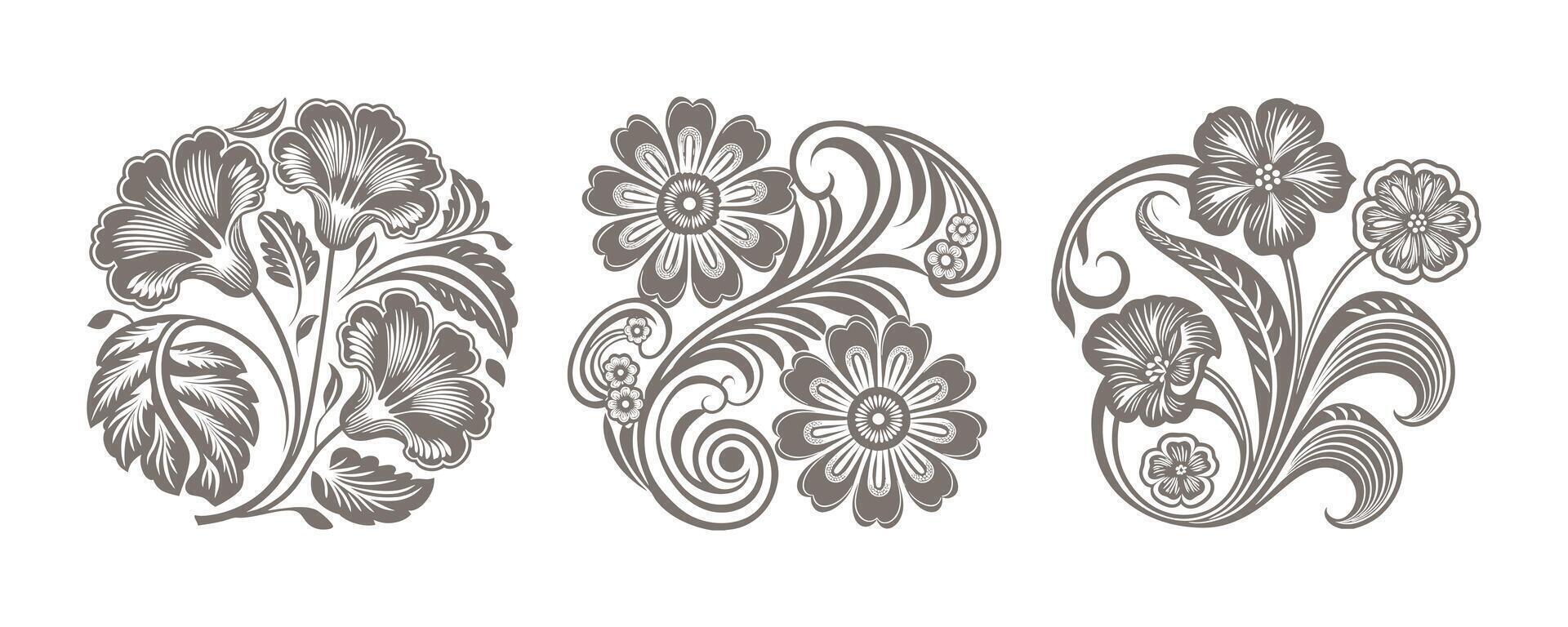 Set of decorative floral elements. Elegant engraving floral ornaments. illustration. vector