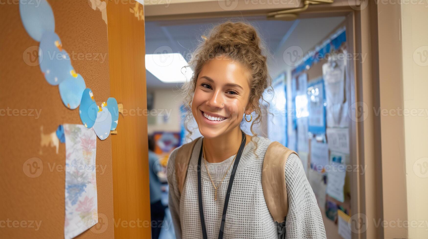 Educational professional with friendly expression in school hallway photo