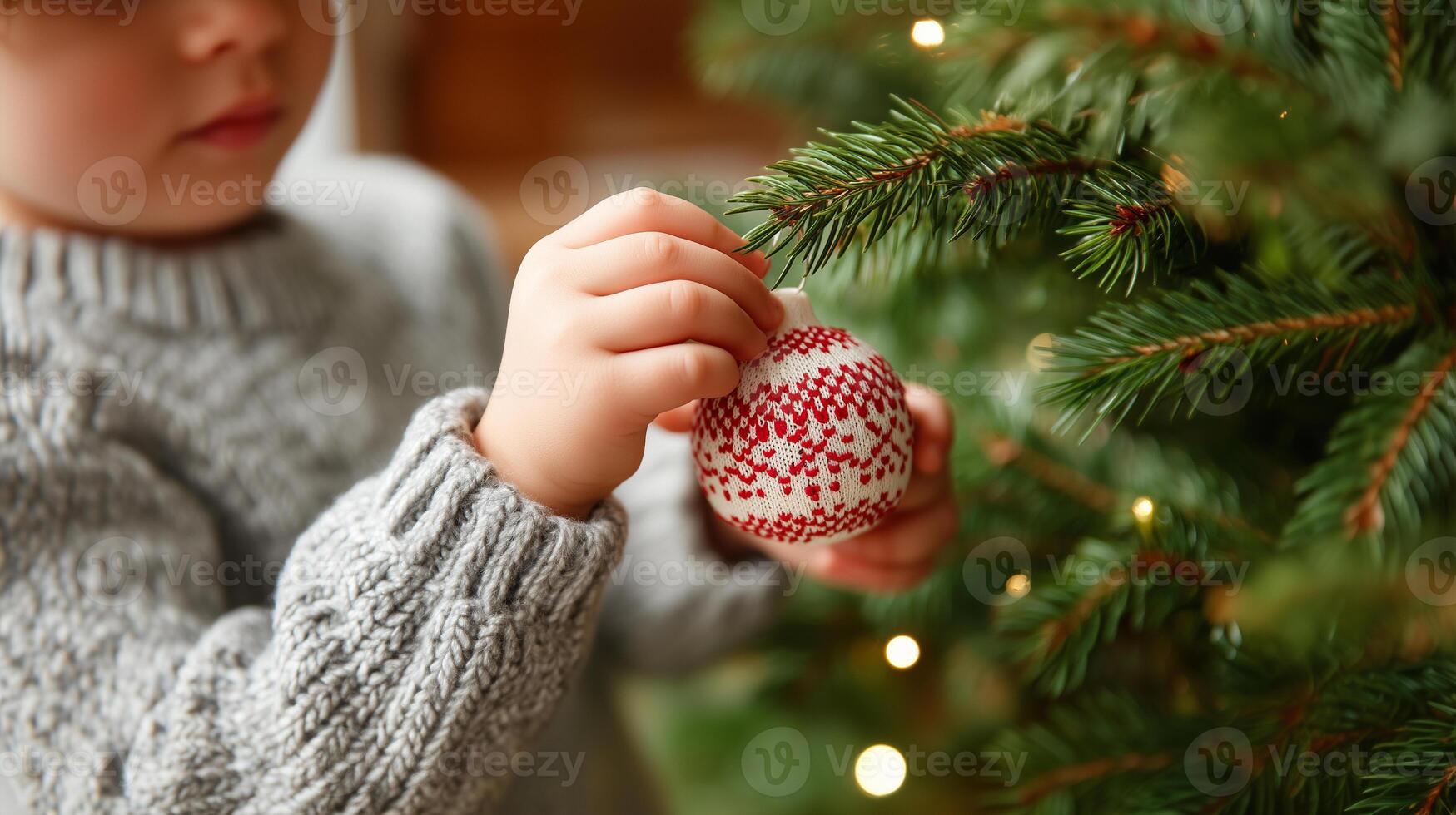 Small hands placing star ornament on evergreen branch photo