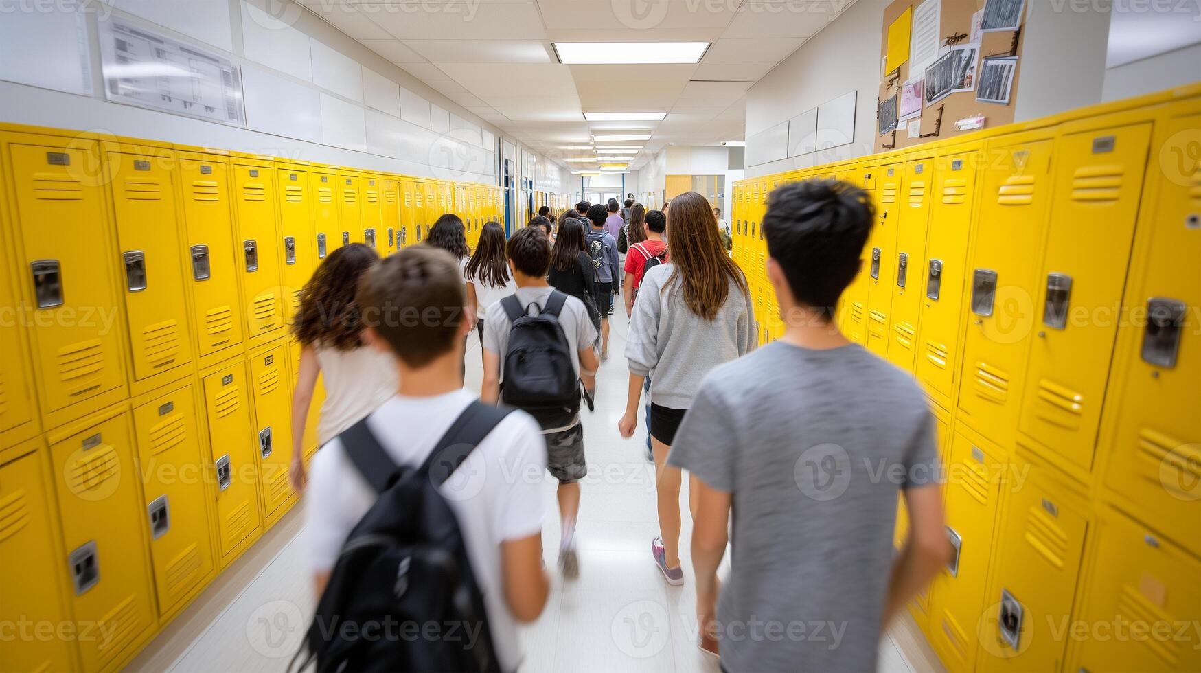 High school students transitioning between classes in busy hallway photo
